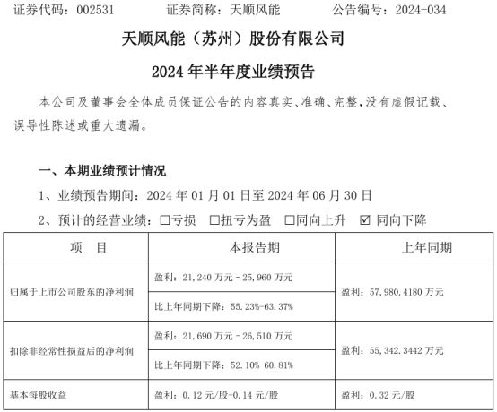 天顺风能2024年上半年预计净利212亿-26亿没有新项目交付(图1)
