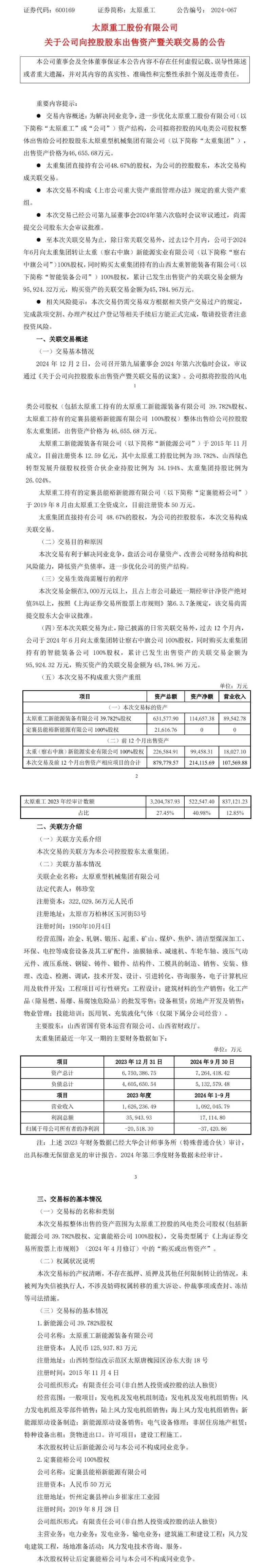 太原重工拟467亿元将控股的风电类公司股权整体出售(图1)
